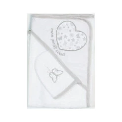 Sortie De Bain + Gant Blanc Gris Coeur Papillon LES CHATOUNETS