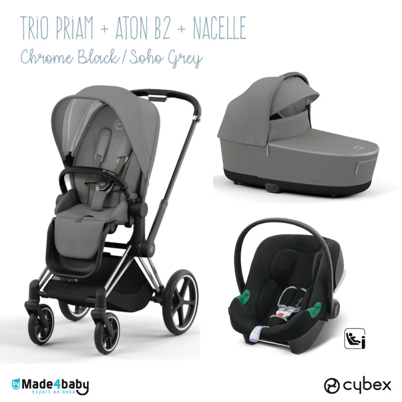 Trio Poussette Priam 4 + Nacelle + Aton B2 CYBEX Chrome Black/Soho Grey - Volcano 3 Trio Poussette Priam 4 + Nacelle + Aton B2 CYBEX Chrome Black/Soho Grey - Volcano