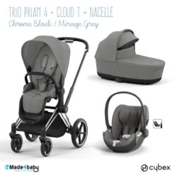 Trio Poussette Priam 4 + Cloud T I-Size + Nacelle CYBEX Chrome Black/Mirage Grey